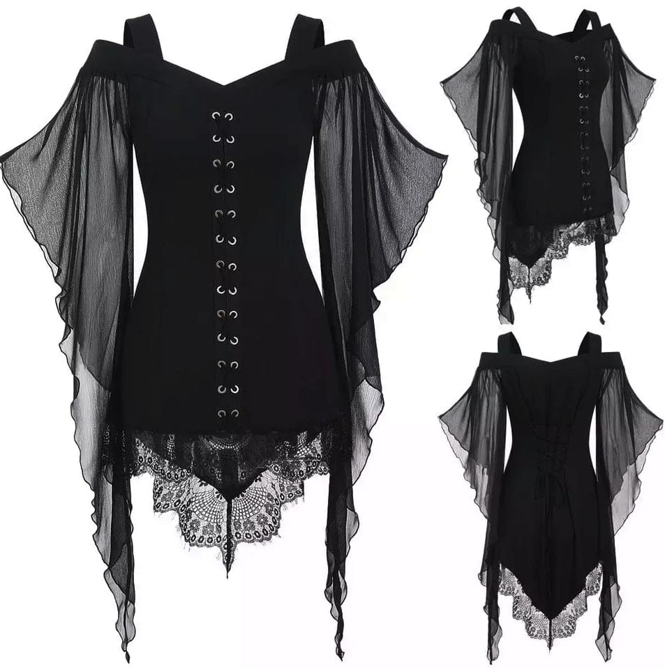 Woman's Black Gothic Butterfly Sleeve Lace Shirt - Guiding Lights Boutique