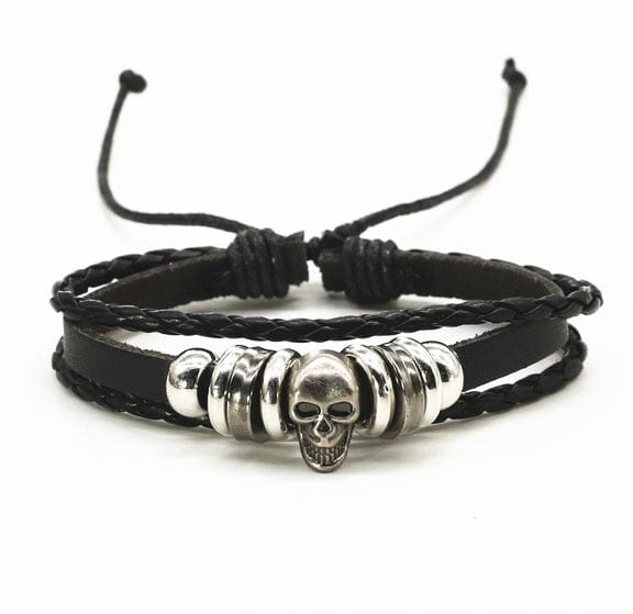 Silver Metal Skull Real Black Leather Bracelet- Guiding Lights Boutique