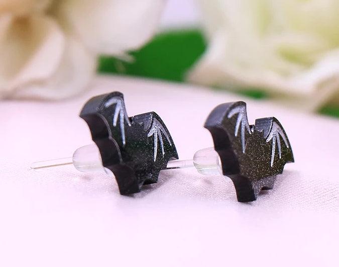 Black Glitter Bat Halloween Stud Earrings Acrylic - Guiding Lights Boutique