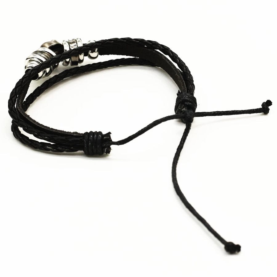 Silver Metal Skull Real Black Leather Bracelet- Guiding Lights Boutique