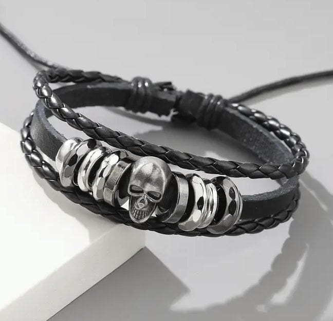 Silver Metal Skull Real Black Leather Bracelet- Guiding Lights Boutique