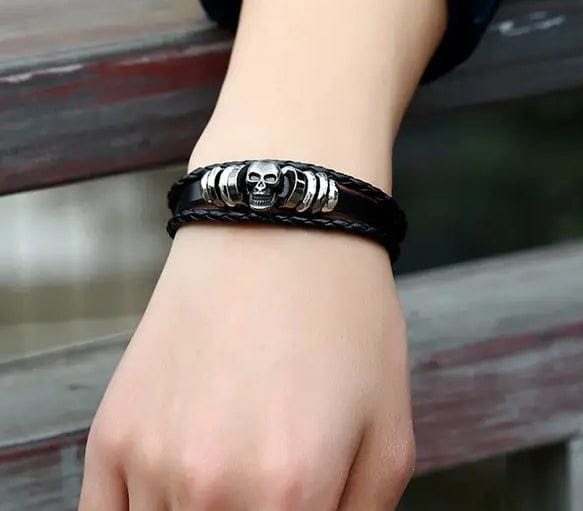 Silver Metal Skull Real Black Leather Bracelet- Guiding Lights Boutique