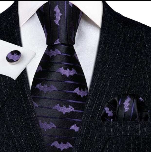 Purple and Black Bat Italian Silk Necktie Set- Guiding Lights Boutique