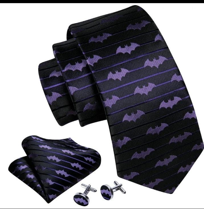 Purple and Black Bat Italian Silk Necktie Set- Guiding Lights Boutique