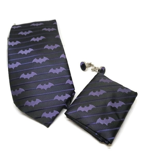 Purple and Black Bat Italian Silk Necktie Set- Guiding Lights Boutique