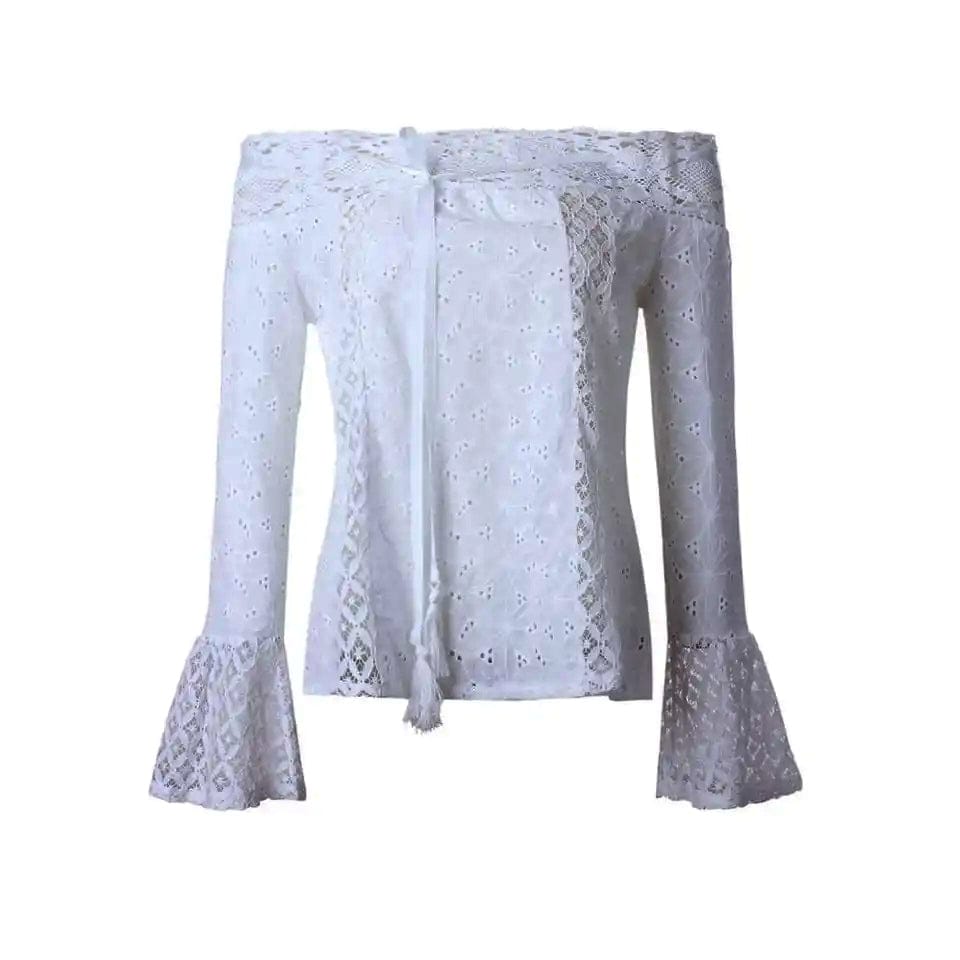 White Off Shoulder Sexy Long Sleeve Lace Summer Blouse-Guiding Lights Boutique