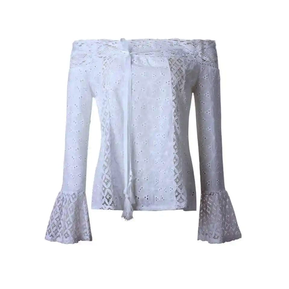 White Off Shoulder Sexy Long Sleeve Lace Summer Blouse-Guiding Lights Boutique