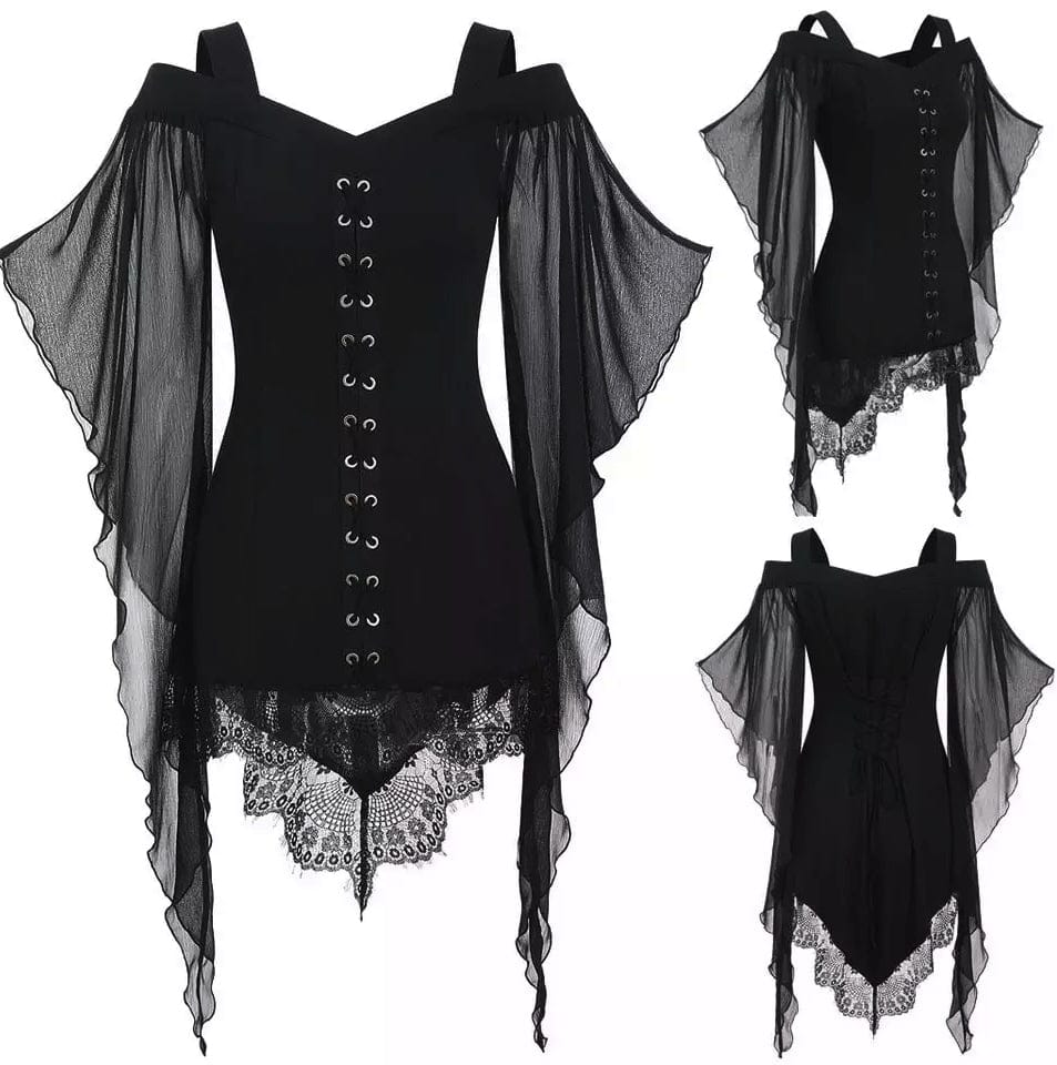  Woman's Black Gothic Butterfly Sleeve Lace Shirt - Guiding Lights Boutique