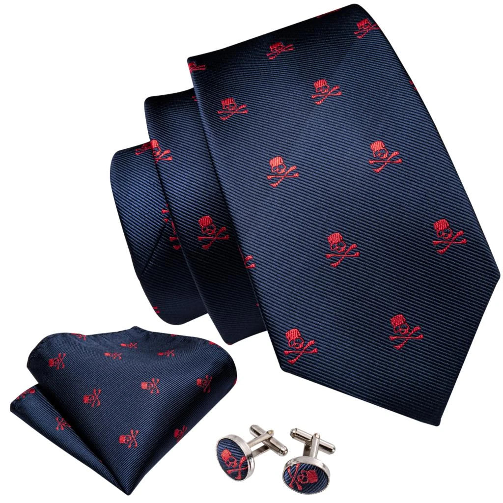Bark blue Skull Embroidered Silk Necktie Set with Pocket Square and Cufflinks - Guiding lights Boutique