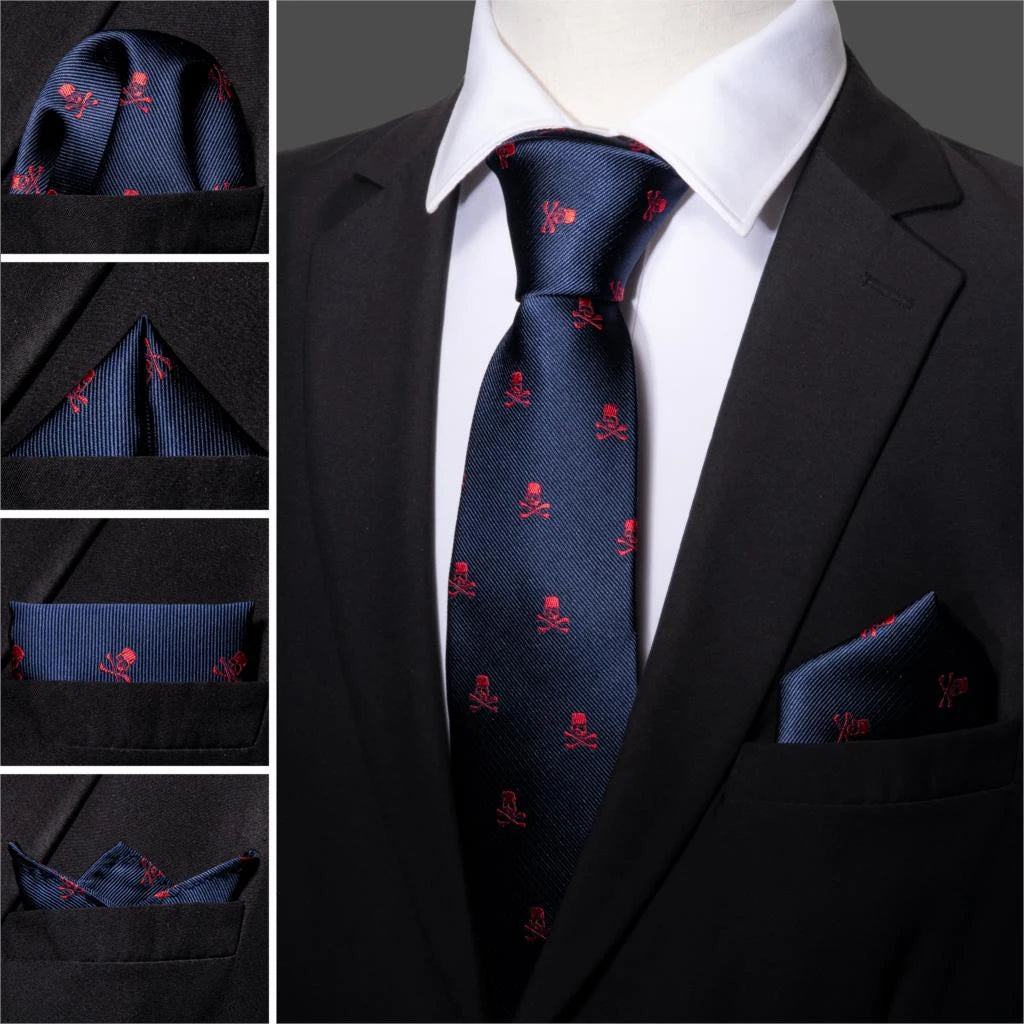 Skull Embroidered Silk Necktie Set with Pocket Square and Cufflinks - Guiding lights Boutique
