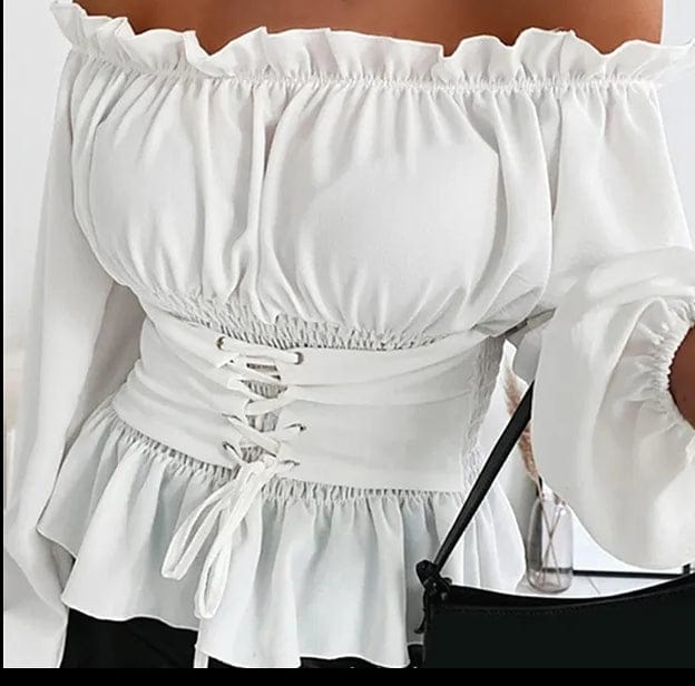 White Lace-up Front Vintage Steampunk Off Sholder Renaissance Corset Blouse-Guiding Lights Boutique
