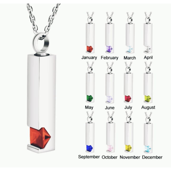 Birthstone Memorial Keepsake Necklace Urn Compartment Jewelry Stainless Steel 22 inch chain - Guiding Lights Boutique