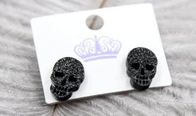 Black Glitter Skull Earrings Stainless Steel Stud Post Backing No Nickel - Guiding Lights Boutique