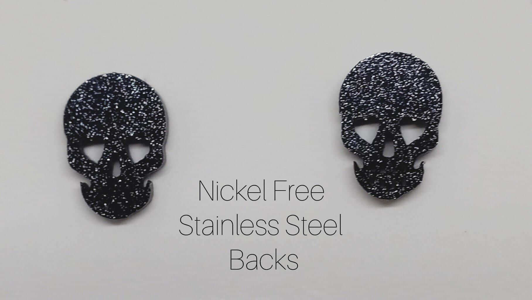 Black Glitter Skull Earrings Stainless Steel Stud Post Backing No Nickel - Guiding Lights Boutique
