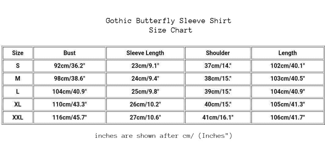 Size chart gothic butterfly sleeve shirt