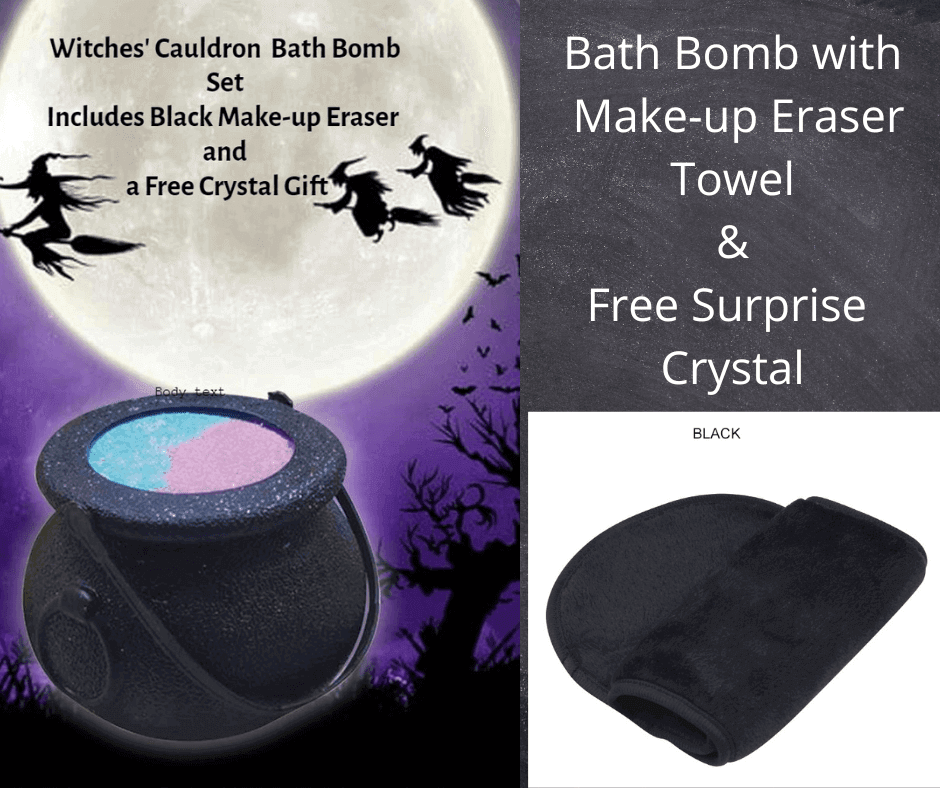 Cauldron Bath Bomb Set with Make-up Eraser Towel, Candle and Natural Crystal - Guiding Lights Boutique