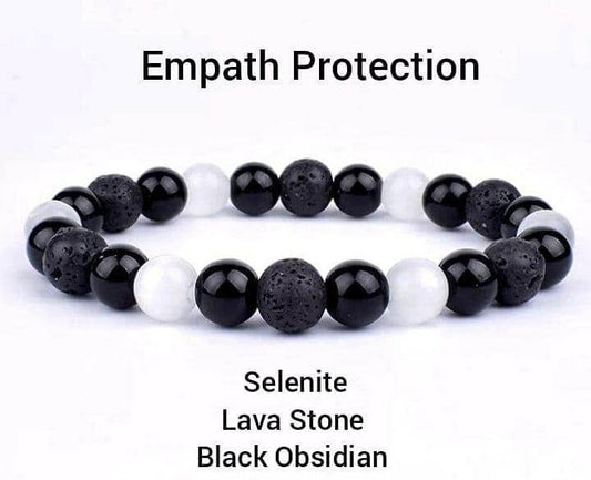 Empath Triple Protection Bracelet 6mm Natural Selenite, Lava Stone, Black Obsidian beads 8 inch - Guiding Lights Boutique