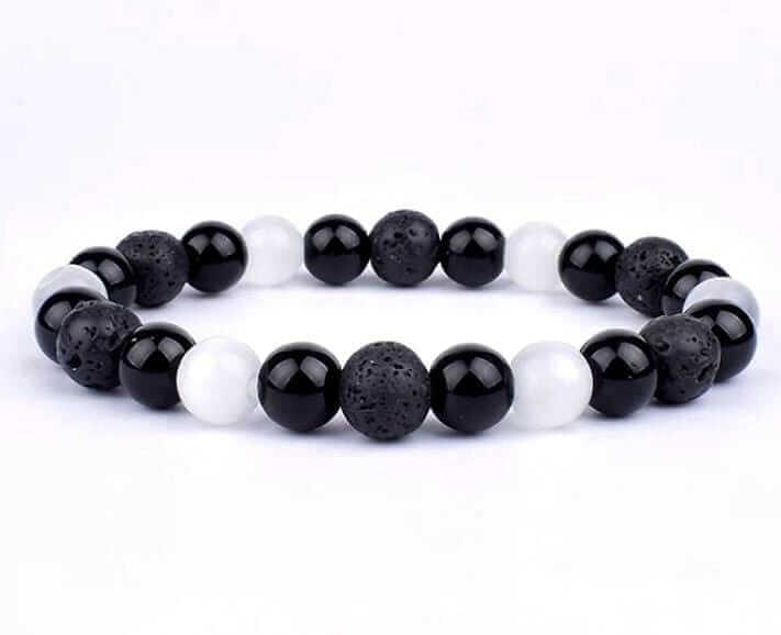 Beaded Black Lava Stone Heart Charm Bracelet