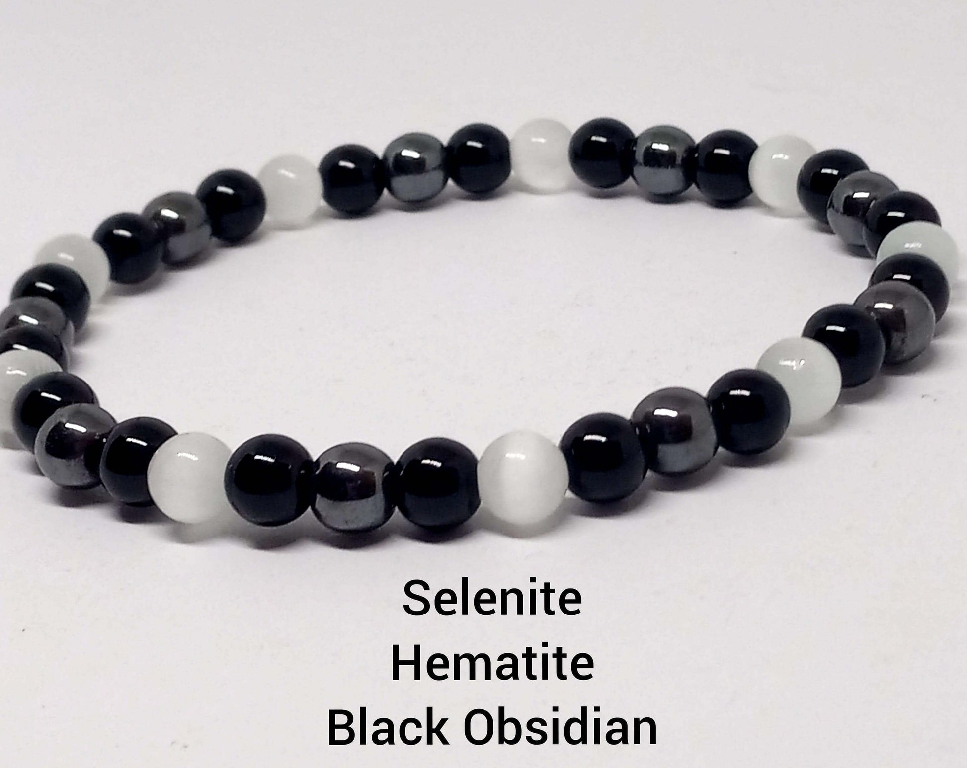 Empath Triple Protection Bracelet 6mm Natural Selenite, Lava Stone, Black Obsidian beads 8 inch - Guiding Lights Boutique