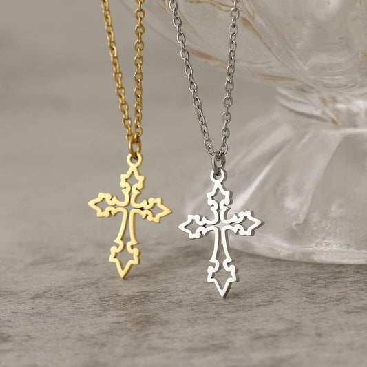 Gold or Silver Stainless Steel Cross Necklace High Polished Laser Cut - Guiding Lights Boutique