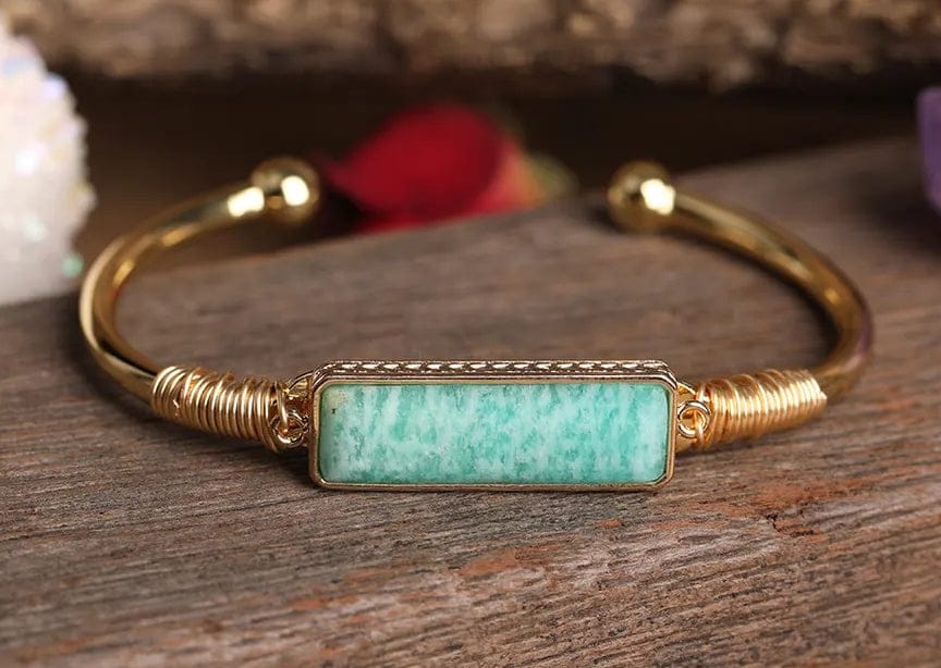 amazonite-Natural Crystal Amethyst, Tiger Eye, Labradorite 18k Gold plated Bangle Bracelet - Guiding Lights Boutique