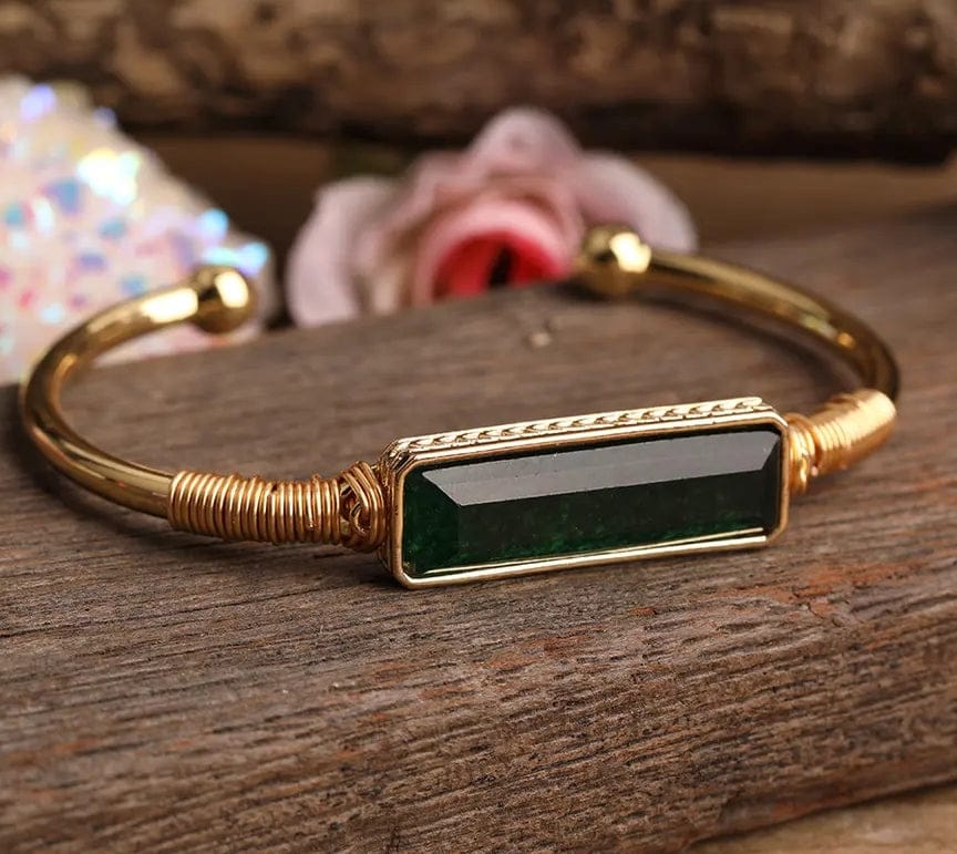Green agate-Natural Crystal Amethyst, Tiger Eye, Labradorite 18k Gold plated Bangle Bracelet - Guiding Lights Boutique