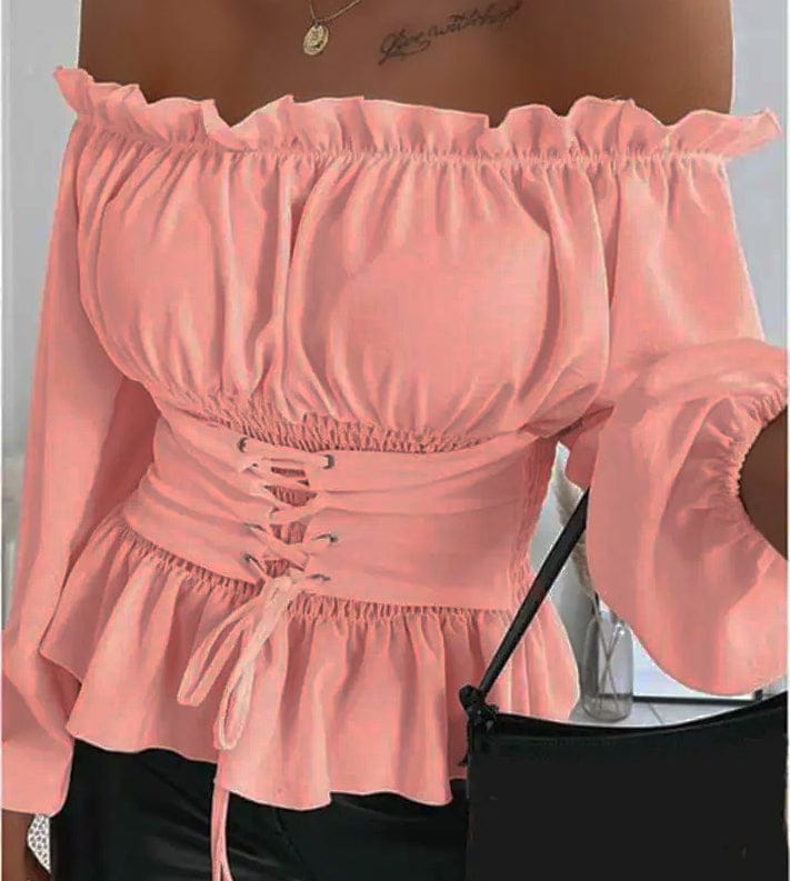 Pink Lace-up Front Vintage Steampunk Off Sholder Renaissance Corset Blouse-Guiding Lights Boutique