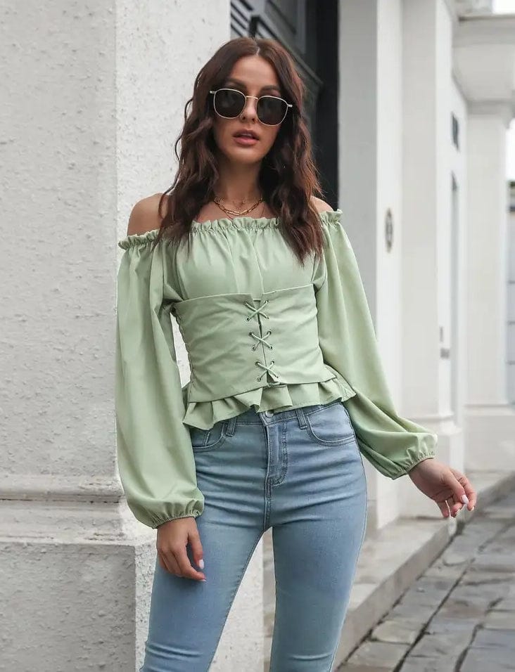 Off shoulder corset front long sleeve boho blouses