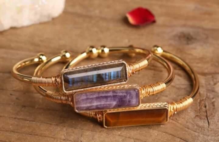 Natural Crystal Amethyst, Tiger Eye, Labradorite 18k Gold plated Bangle Bracelet - Guiding Lights Boutique