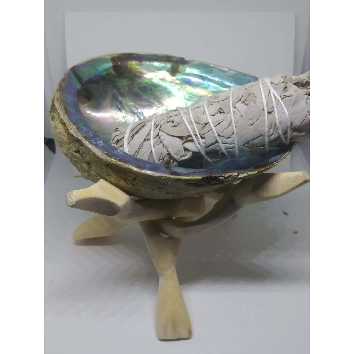 Natural Large Abalone Shell, with Hand Carved Wood Tripod Stand & Organic White Sage Stick Set 21.95 - Guiding Lights Boutique