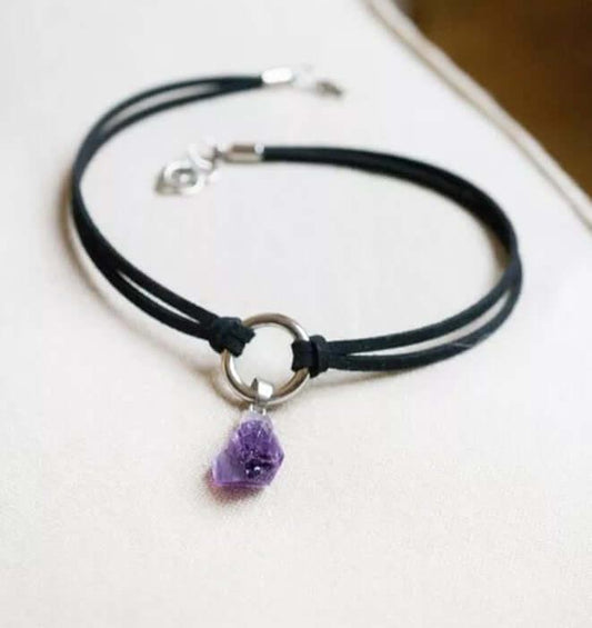 Raw Amethyst Natural Crystal Handmade Choker Necklace Suede Boho Style Black Leather - Guiding Lights Boutique