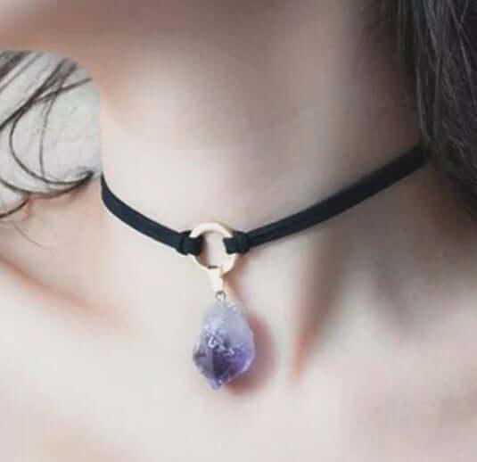 Raw Amethyst Natural Crystal Handmade Choker Necklace Suede Boho Style Black Leather - Guiding Lights Boutique