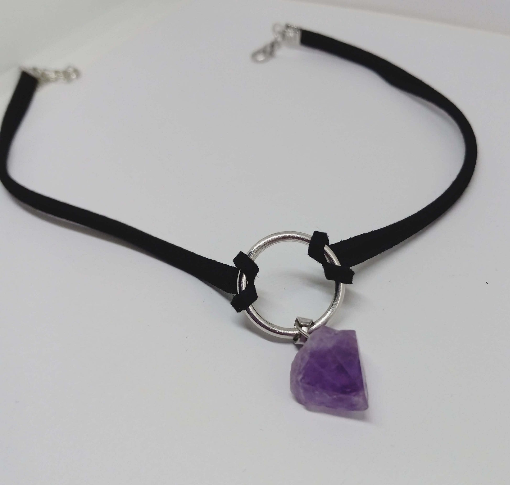 Raw Amethyst Natural Crystal Handmade Choker Necklace Suede Boho Style Black Leather - Guiding Lights Boutique