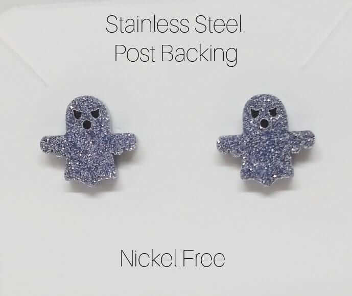 Silver Glitter Ghost Earrings Stainless Steel Hypoallergenic Stud Post Earrings Nickel Free - Guiding Lights Boutique