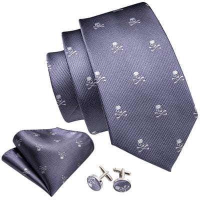 Silver-blue color Skull Embroidered Silk Necktie Set with Pocket Square and Cufflinks - Guiding lights Boutique 