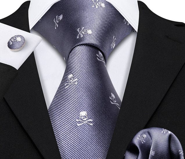 Silver-blue color Skull Embroidered Silk Necktie Set with Pocket Square and Cufflinks - Guiding lights Boutique 