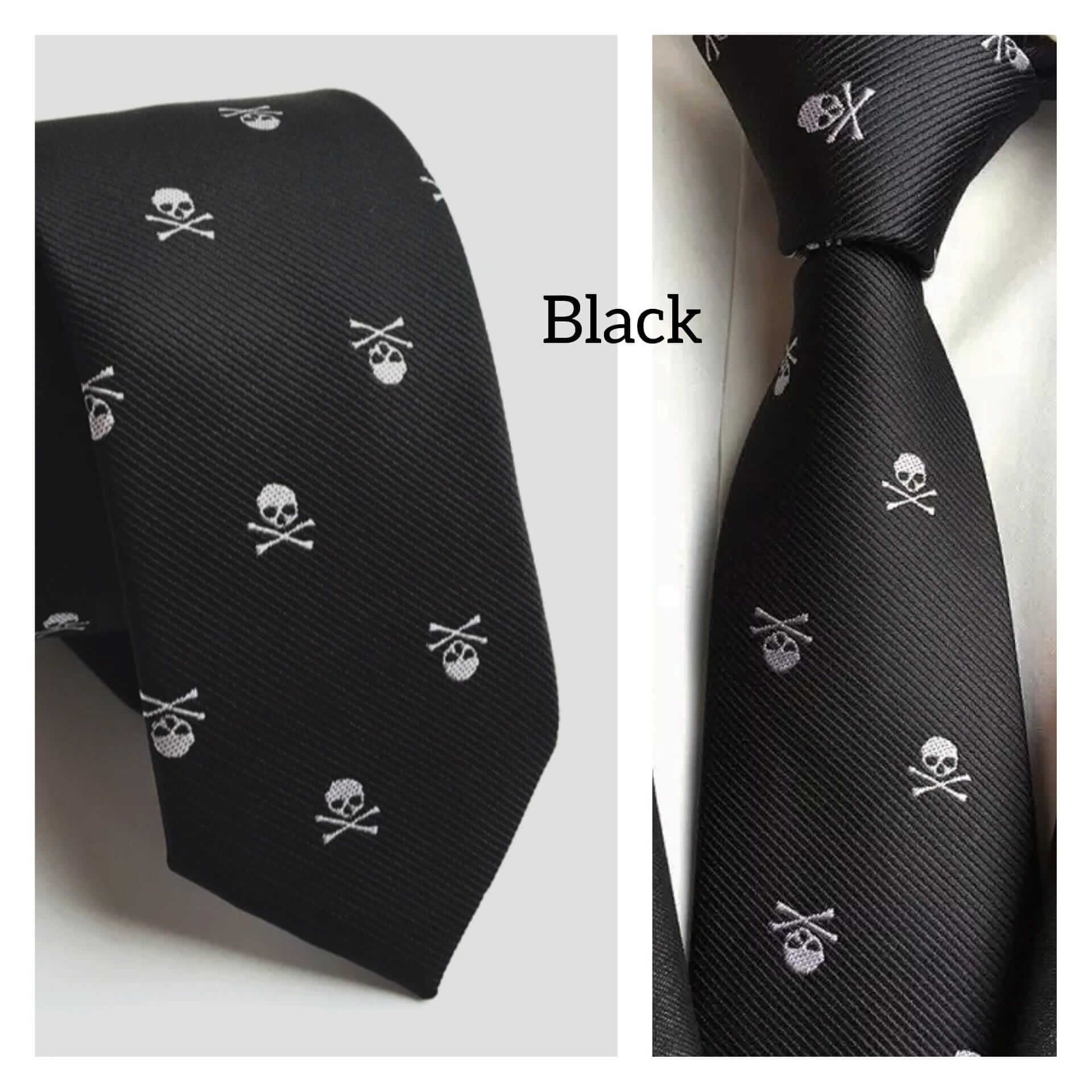 Skull Embroidered Necktie and Pocket Square Jacquard Woven High Quality Set
