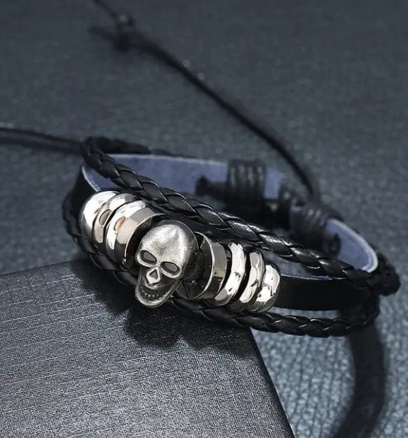 Silver Metal Skull Real Black Leather Bracelet- Guiding Lights Boutique