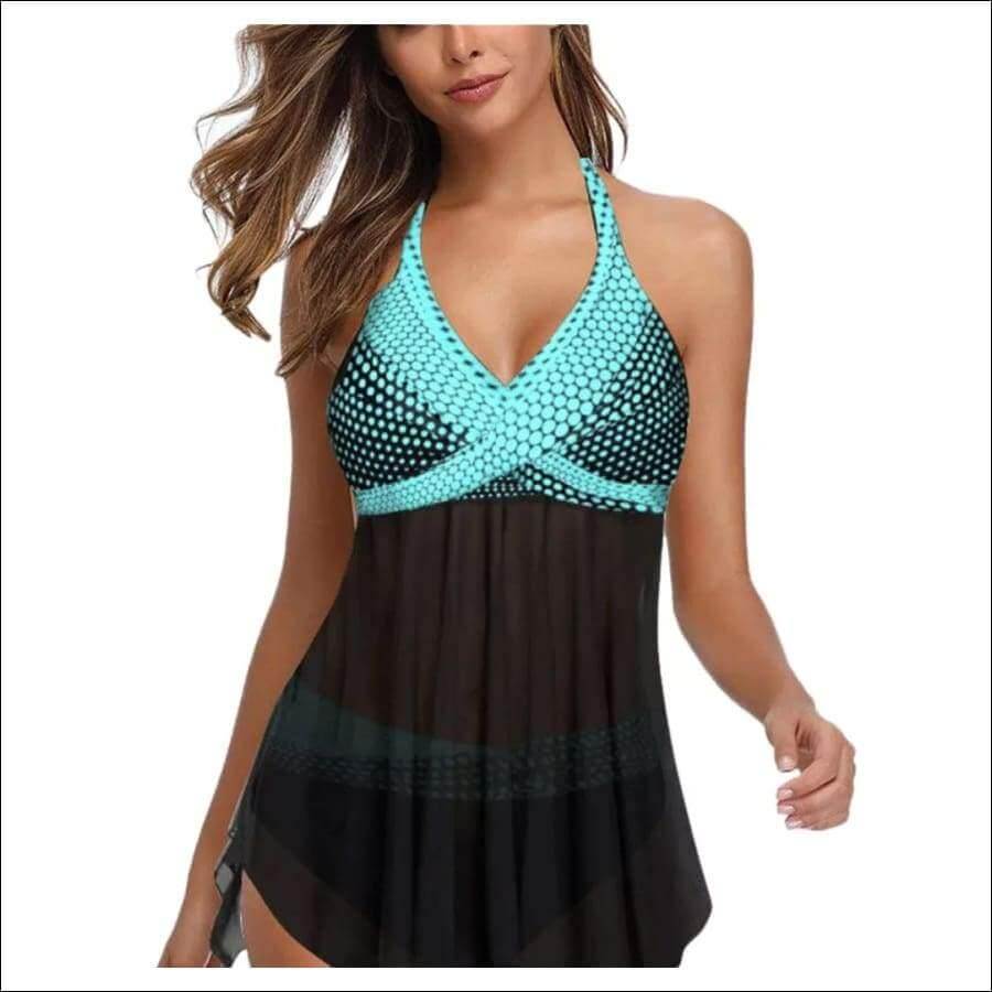 Teal & Black Polka Dot & Mesh Swim Dress Swimsuit Bathing suit - Guiding Lights Boutique