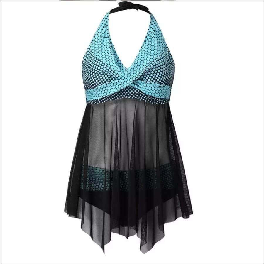 Teal & Black Polka Dot & Mesh Swim Dress Swimsuit Bathing suit - Guiding Lights Boutique