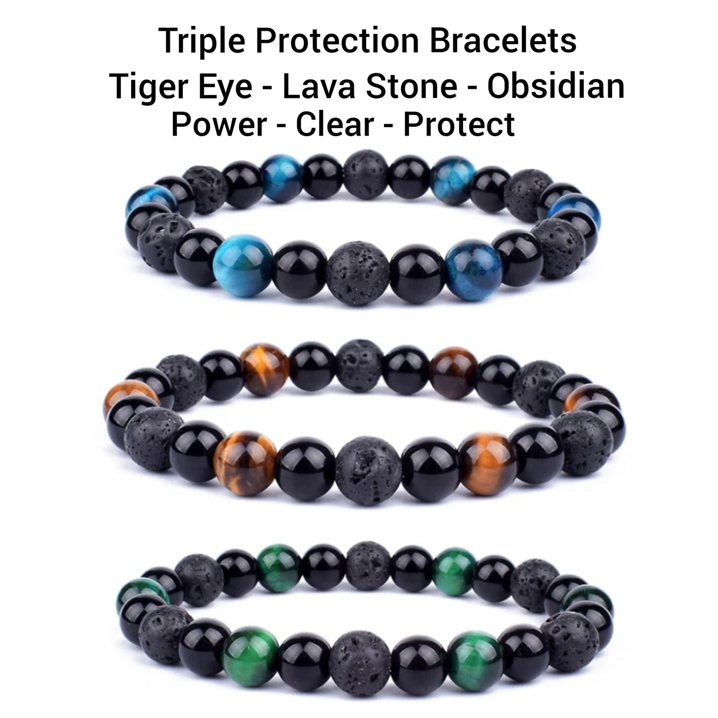 Triple Protection Bracelet Tiger Eye, Lava Stone, Black Obsidian Power-Clear-Protect 6mm beaded 8 inch Bracelet - Guiding Lights Boutique