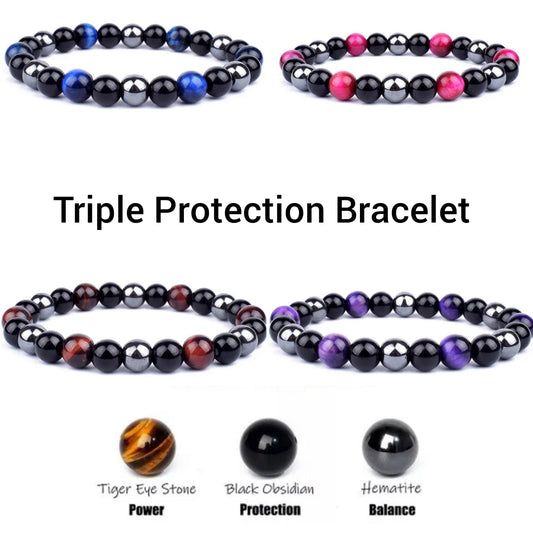 Triple Protection Bracelets 6mm Natural Crystals Tiger Eye, Obsidian, Hematite Power Balance Protect - Guiding Lights Boutique