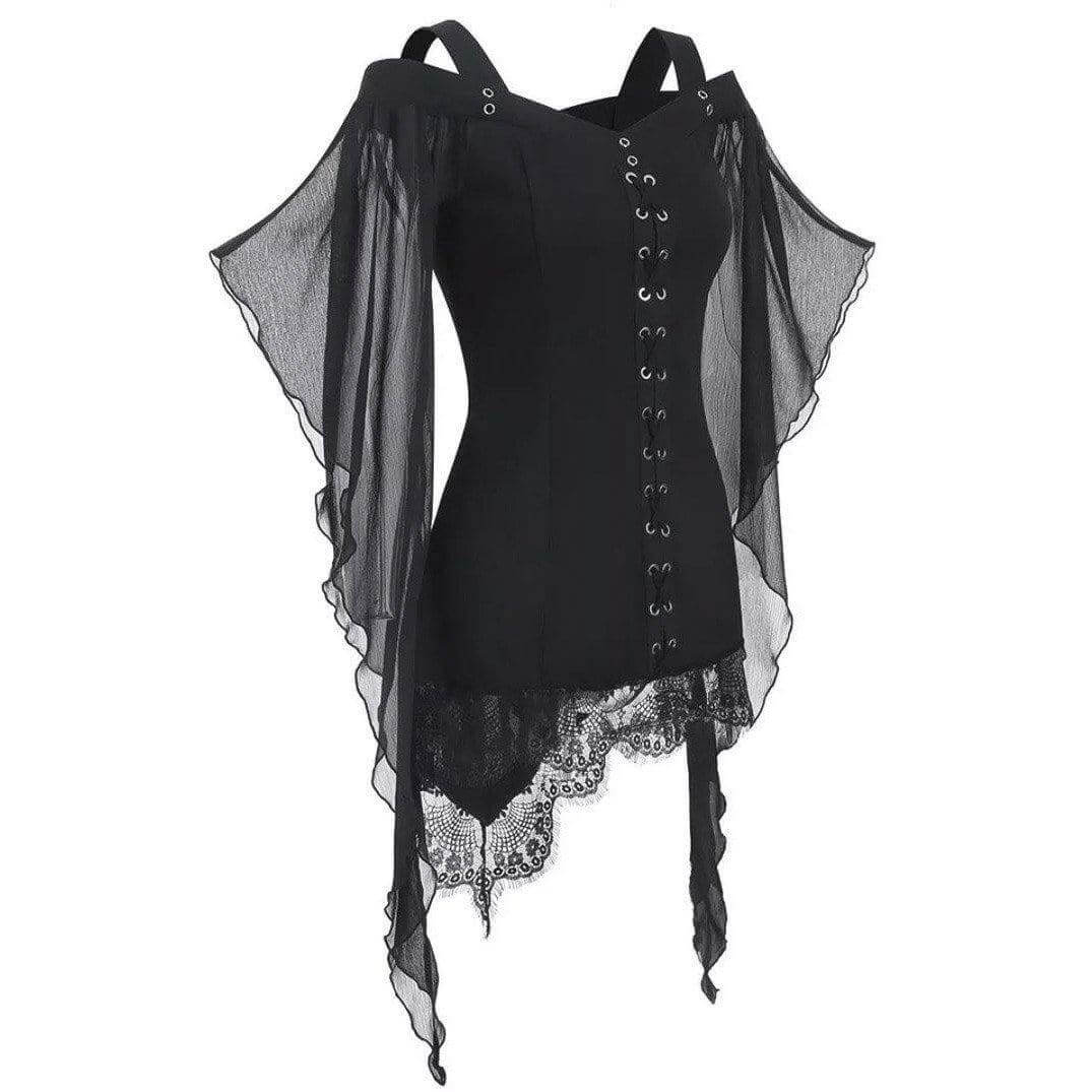 Woman's Black Gothic Butterfly Sleeve Lace Shirt - Guiding Lights Boutique