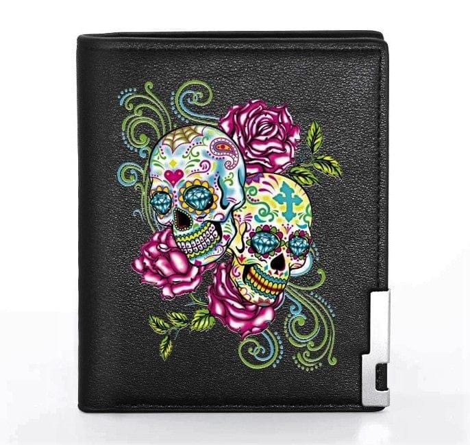 Women's Colorful Skull and Roses Black Faux Leather Wallets - Guiding Lights Boutique