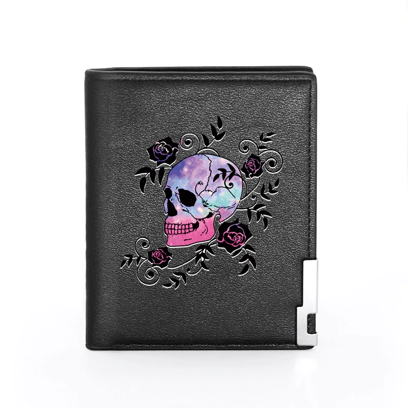 Women's Colorful Skull and Roses Black Faux Leather Wallets - Guiding Lights Boutique